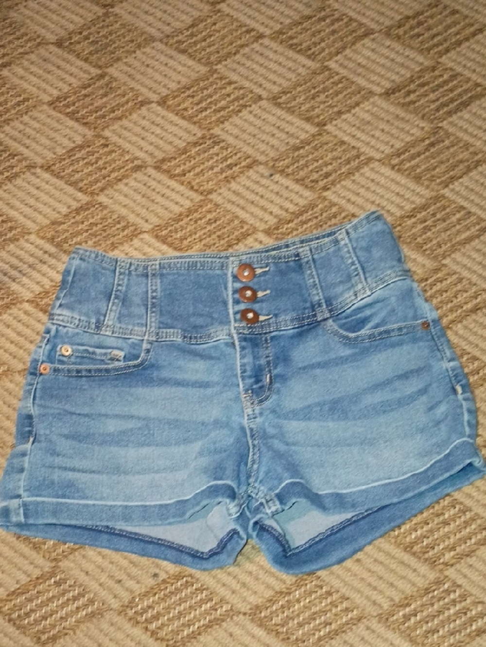 No Boundaries Light Blue High-Waist Jean Shorts with Triple Button